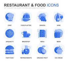 modern reeks restaurant en voedsel helling vlak pictogrammen voor website en mobiel apps. bevat zo pictogrammen net zo snel voedsel, menu, biologisch fruit, koffie bar. conceptuele kleur vlak icoon. pictogram pak. vector