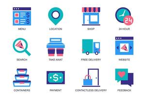 voedsel levering concept van web pictogrammen reeks in gemakkelijk vlak ontwerp. pak van menu, plaats, winkel, 24 uur, zoeken, nemen weg koffie kopjes, containers, betaling, feedback. pictogrammen voor mobiel app vector