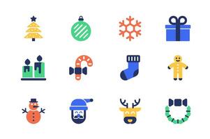 Kerstmis concept van web pictogrammen reeks in gemakkelijk vlak ontwerp. pak van boom, feestelijk speelgoed, sneeuwvlok, geschenk, kaars, snoep, sneeuwman, de kerstman claus, rendier, krans en ander. pictogrammen voor mobiel app vector