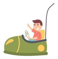 gelukkig jongen rijden bumper auto in vlak ontwerp. attractie Bij amusement park. illustratie geïsoleerd. vector