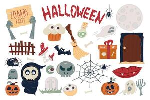 halloween vakantie reeks met schattig tekenfilm elementen in vlak ontwerp. bundel van zombie, koekje, vergif, geest, maan, paddestoel, spin, pompoen, begraafplaats en andere geïsoleerd stickers. illustratie. vector