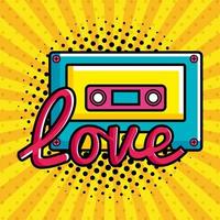 cassettemuziek met liefdesbelettering pop-art stijlicoon vector