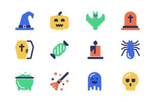 halloween concept van web pictogrammen reeks in gemakkelijk vlak ontwerp. pak van heks hoed, pompoen, knuppel, grafsteen, begraafplaats, kist, snoep, kaars, spin, geest, schedel en ander. pictogrammen voor mobiel app vector