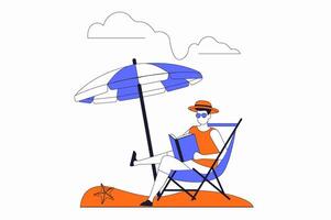 reizen vakantie concept met mensen tafereel in vlak schets ontwerp. Mens zit in zon ligstoel onder paraplu en lezing boek, resting Bij toevlucht. illustratie met lijn karakter situatie voor web vector