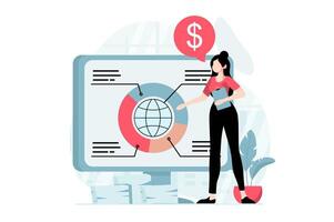 globaal economisch concept met mensen tafereel in vlak ontwerp. vrouw analyseren financieel en markt trends, investeert geld in Internationale bedrijven. illustratie met karakter situatie voor web vector