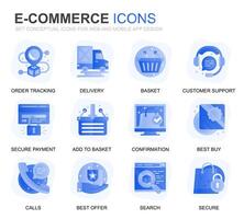 modern reeks e-commerce en boodschappen doen helling vlak pictogrammen voor website en mobiel apps. bevat zo pictogrammen net zo levering, betaling, mand, klant, winkel. conceptuele kleur vlak icoon. pictogram pak. vector