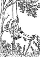 blij meisje swinging onder bloeiend boom in sereen tuin vector