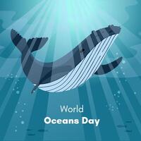 wereld oceanen dag. groet kaart, banier, sociaal media post sjabloon. zee achtergrond met gebochelde walvis. vector