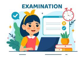 examen papier illustratie met online examen, het formulier, papieren antwoorden, enquête of internet quiz in vlak kinderen tekenfilm achtergrond ontwerp vector