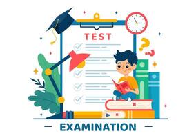 examen papier illustratie met online examen, het formulier, papieren antwoorden, enquête of internet quiz in vlak kinderen tekenfilm achtergrond ontwerp vector