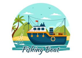 visvangst boot illustratie met vissers jacht- vis gebruik makend van schip Bij zee in vlak tekenfilm achtergrond ontwerp vector