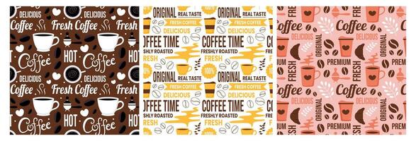 koffie tijd naadloos patroon ontwerp met cacao bonen, granen en kruik in tekenfilm vlak illustratie vector