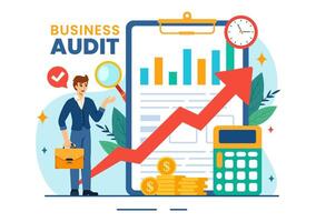 bedrijf audit documenten illustratie met grafieken, boekhouding, berekeningen en financieel verslag doen van analytics in vlak tekenfilm achtergrond vector
