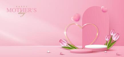 Scherm podium voor moeder dag, Valentijnsdag dag met hart en bloem. minimaal roze achtergrond. Product Scherm presentatie. studio kamer concept, minimaal muur tafereel. ontwerp. vector