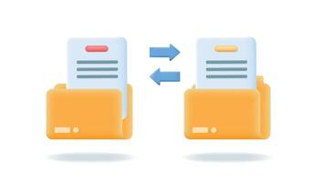 geel mappen met papier documenten. 3d realistisch het dossier overdracht concept. kopiëren bestanden, gegevens aandelenbeurs, back-up, migratie, het dossier delen. vector