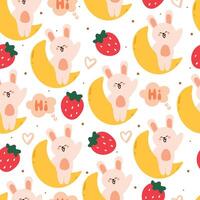 naadloos patroon tekenfilm konijn met maan en aardbei. schattig dier behang voor textiel, geschenk inpakken papier vector