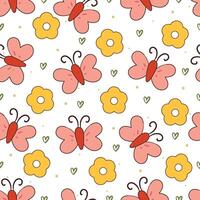 naadloos patroon tekenfilm vlinder met bloemen. schattig dier behang illustratie voor geschenk inpakken papier vector