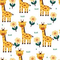 naadloos patroon tekenfilm giraffe met bloem, fabriek en boom. schattig dier behang voor textiel, geschenk inpakken papier vector