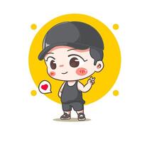 schattig jongen poseren vrede hand- vervelend een hoed tekenfilm karakter. Koreaans stijl mode. mensen uitdrukking concept ontwerp. chibi illustratie. geïsoleerd wit achtergrond vector