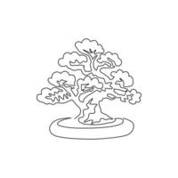 enkele een lijntekening oude schoonheid exotische mini bonsai boom voor thuis wall art decor poster. decoratieve potbanyanplant voor tentoonstellingsvertoning. moderne doorlopende lijn tekenen ontwerp vectorillustratie vector