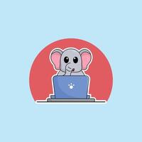 schattig dier olifant tekenfilm werken Bij laptop illustratie dier technologie concept premie vlak tekenfilm vector