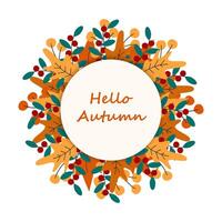 Hallo herfst handschrift belettering in cirkel kader van rustiek bladeren seizoensgebonden groet ontwerp element vector