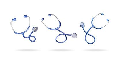 3d reeks van medisch stethoscoop geïsoleerd Aan blauw. geven verzameling van stethoscoop dokter instrument icoon. geneeskunde en gezondheidszorg, cardiologie, apotheek drogisterij, medisch onderwijs. vector