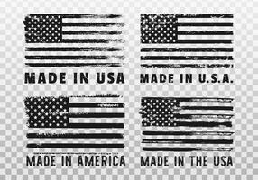 gemaakt in Verenigde Staten van Amerika. etiket met grunge Amerikaans vlaggen voor Product emblemen. wijnoogst industrieel kwaliteit stickers. boodschappen doen badges en postzegels met belettering. illustratie vector