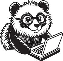 zwart en wit tekenfilm illustratie panda met een laptop. vector