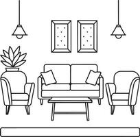 leven kamer interieur met sofa en fauteuils. illustratie in schets stijl. vector