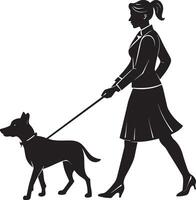 silhouet van een vrouw met een hond Aan een wit achtergrond vector