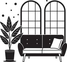 leven kamer met sofa en fabriek ontwerp, huis decoratie interieur leven gebouw appartement en woon- thema illustratie vector