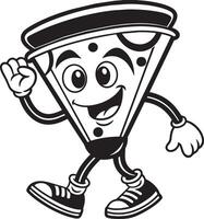 zwart en wit tekenfilm illustratie van grappig pizza mascotte karakter vector