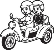 zwart en wit tekenfilm illustratie van kinderen rijden motorfiets of scooter voor kleur boek vector