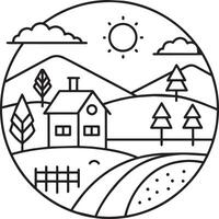 landschap met boerderij huis en bergen lijn stijl icoon illustratie ontwerp vector