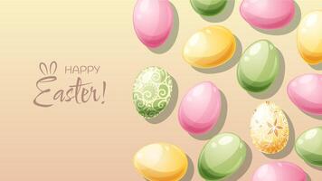 Pasen poster en banier sjabloon met Pasen eieren Aan een beige achtergrond. voorjaar illustratie. Gefeliciteerd en cadeaus voor Pasen in tekenfilm stijl vector