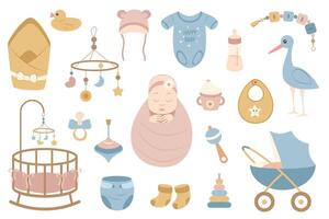 schattig baby set. wieg, wandelwagen, speelgoed, fopspeen. verzameling van elementen Aan wit achtergrond voor ontwerp van ansichtkaarten, affiches, stickers, stickers. vector