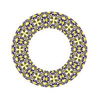 een cirkel met een patroon van geel en blauw ornament. de cirkel is wit en de bloemen zijn in verschillend maten en vormen vector