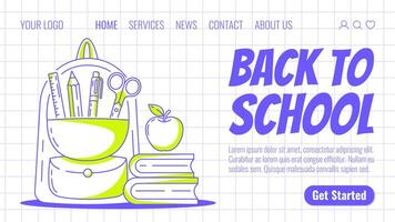 rugzak met school- benodigdheden, stack van boeken en appel. terug naar school, opleiding, aan het leren concept. modern sjabloon voor web, banier, poster, landen bladzijde, website. geruit achtergrond vector