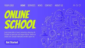 school- en onderwijs benodigdheden, ronde ontwerp samenstelling, lijn pictogrammen. terug naar school- concept, online aan het leren. sjabloon voor web, banier, poster, landen bladzijde, website vector