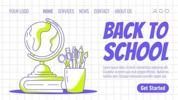 wereldbol, school- benodigdheden en boek. terug naar school, opleiding, aan het leren concept. modern sjabloon voor web, banier, poster, landen bladzijde, website. geruit achtergrond vector