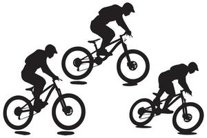 zwart silhouetten van fietser rijder jumping Aan een wit achtergrond vector