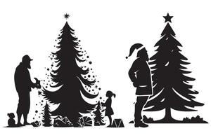 reeks van silhouet van een Mens onder de Kerstmis boom en geschenk doos vector