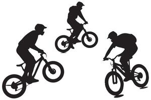 jumping fietser silhouetten in zwart Aan wit achtergrond vector