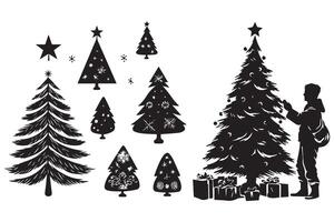 reeks van silhouet van een Mens onder de Kerstmis boom en geschenk doos vector