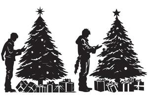 silhouet Mens en geschenk onder Kerstmis boom pro ontwerp vector