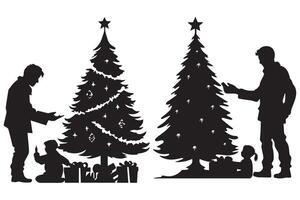 silhouet van een familie decoreren een Kerstmis boom met allemaal elementen net zo scheiden voorwerpen vector