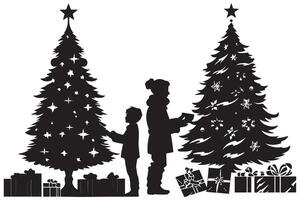 silhouet Mens en geschenk onder Kerstmis boom pro ontwerp vector