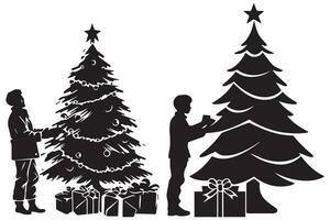 silhouet Mens en geschenk onder Kerstmis boom pro ontwerp vector