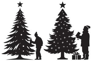 silhouet Mens en geschenk onder Kerstmis boom pro ontwerp vector